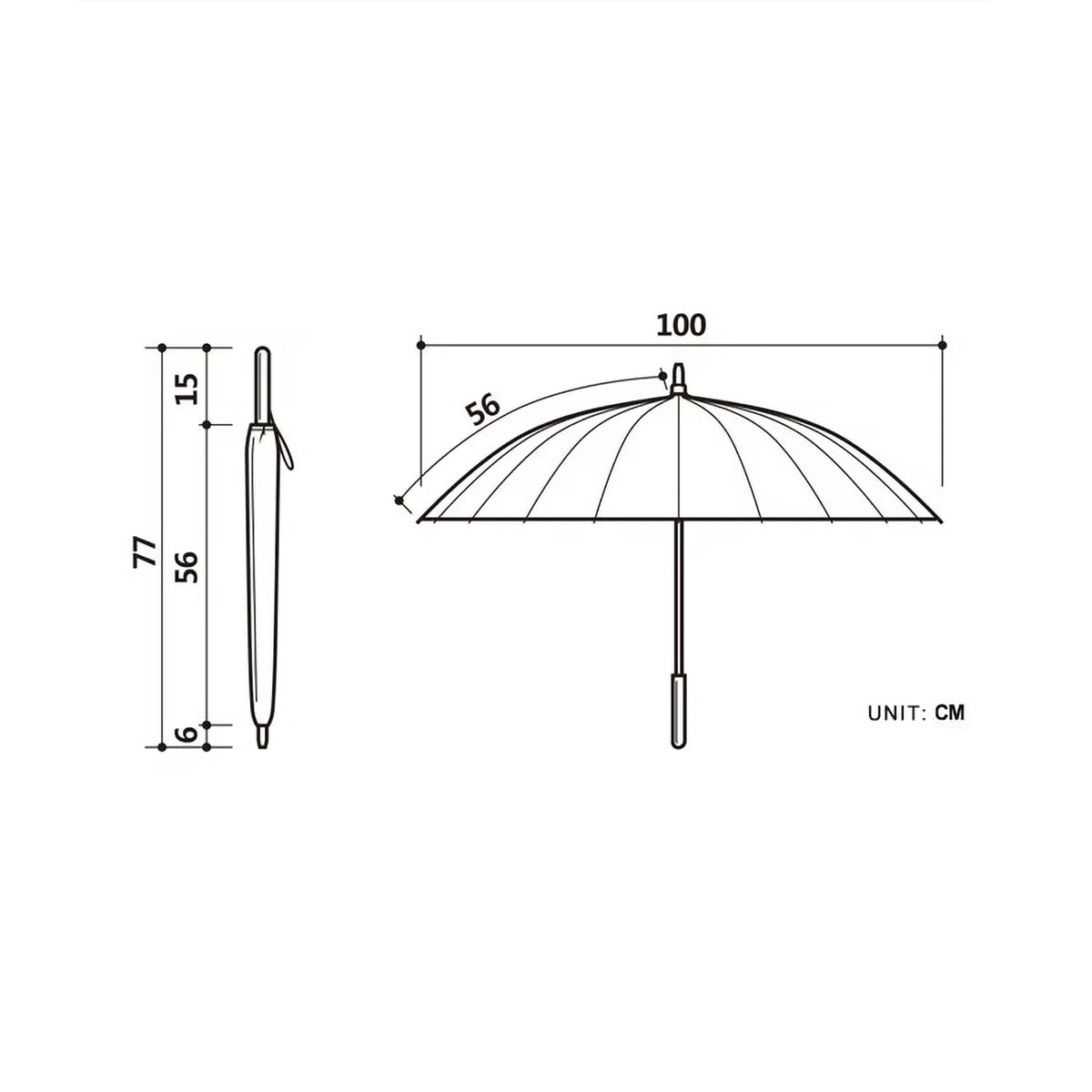 24 rib umbrella specifications showing 100cm diameter and 77cm length dimensions