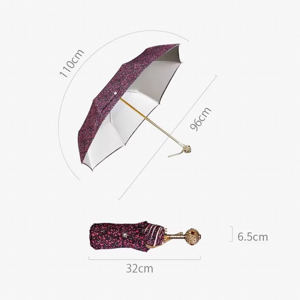 Flower folding umbrella size dimensions - compact travel umbrella measurements showing 110cm diameter open and 32cm folded length with jeweled handle