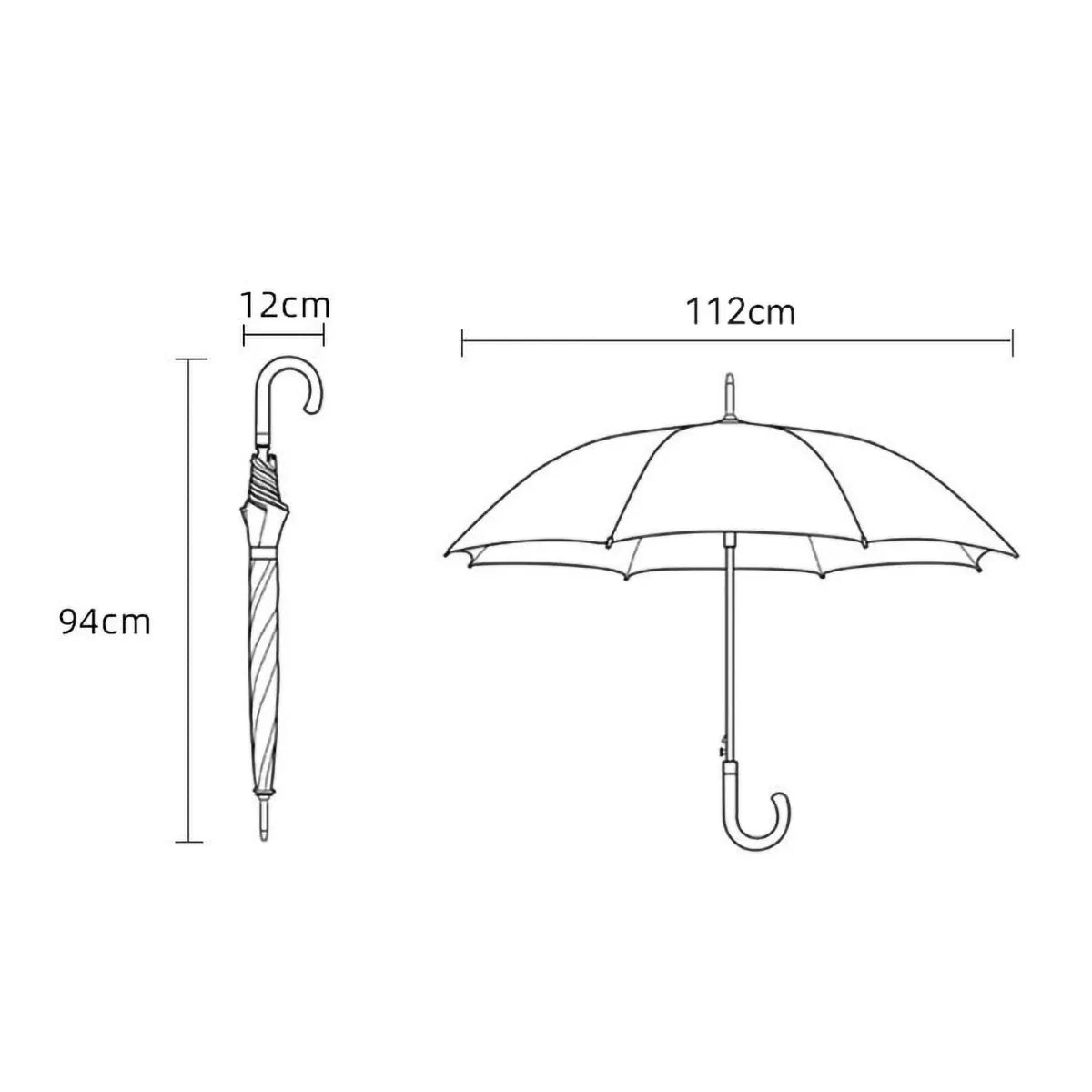 Classic Stick Umbrella with Elegant Wooden Crook Handle - Dimensions