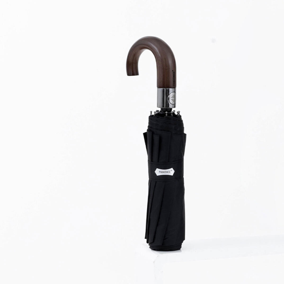 Black Automatic Folding Umbrella with Stylish Wooden Hook Handle