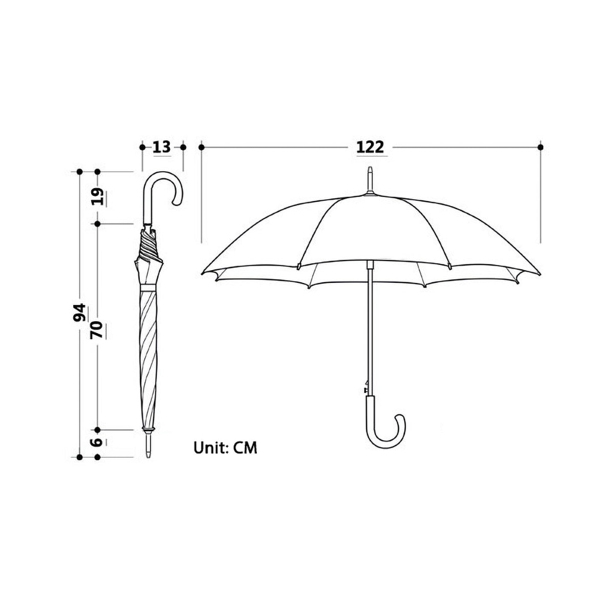 Dimensions of the bamboo handle umbrella