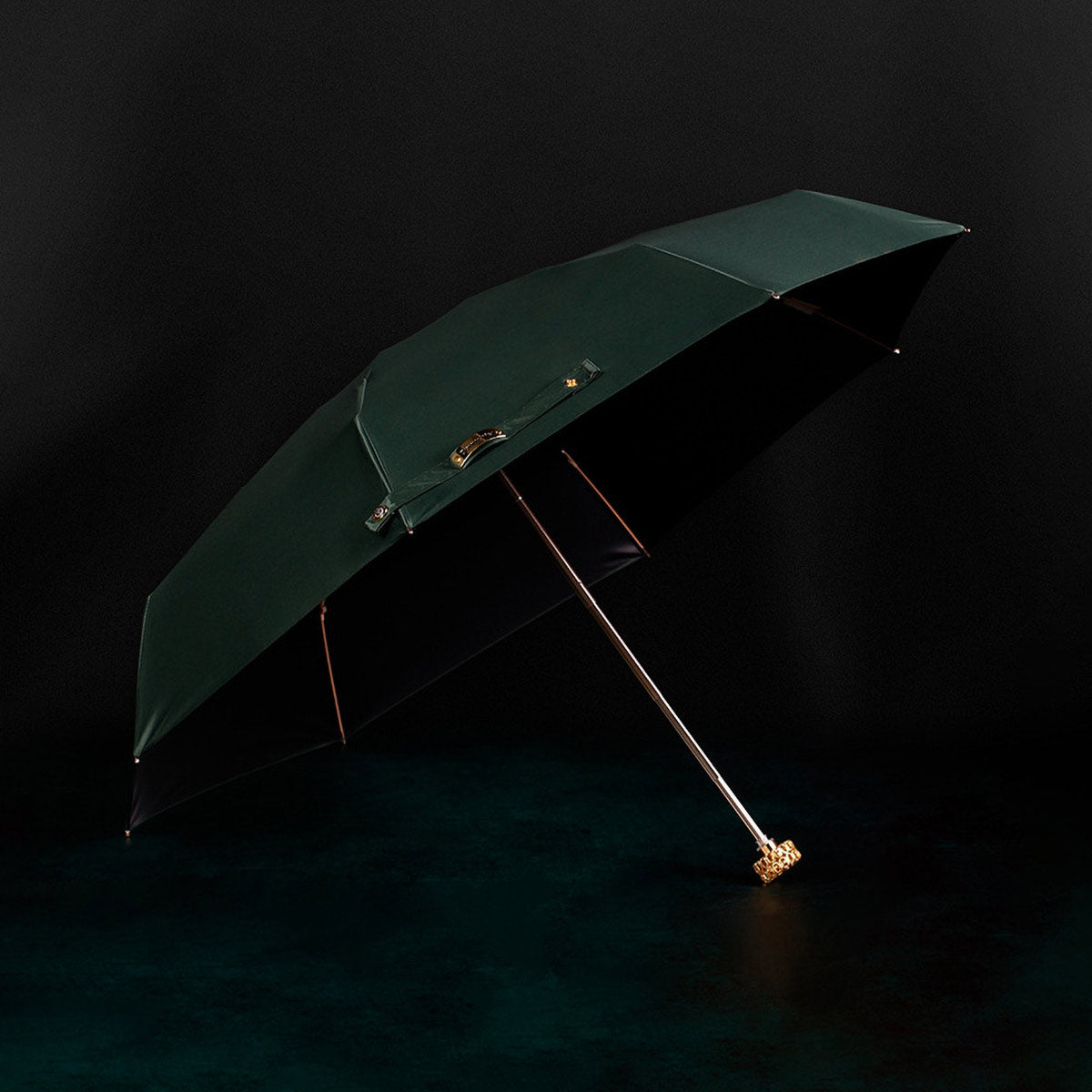 Stylish folding umbrella with ornate golden handle - Dark Green