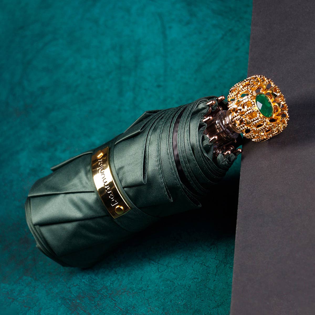 Dark Green Compact Luxury Mini Umbrella with Golden Handle and Crystal Accent