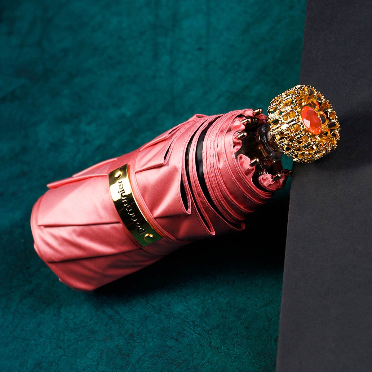 Pink Compact Luxury Mini Umbrella with Golden Handle and Crystal Accent