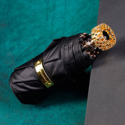 Black Compact Luxury Mini Umbrella with Golden Handle and Crystal Accent