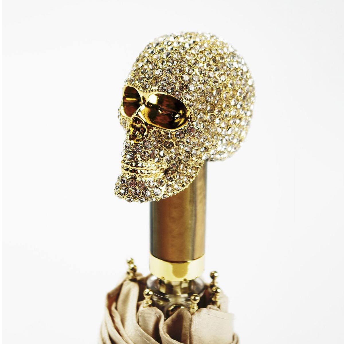 Diamond skull folding umbrella with crystal-encrusted handle in gold