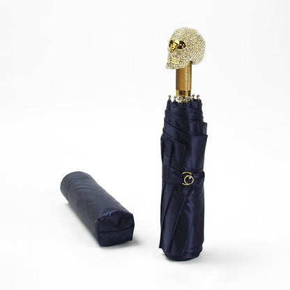 Navy luxury umbrella with crystal skull and gift box packaging
