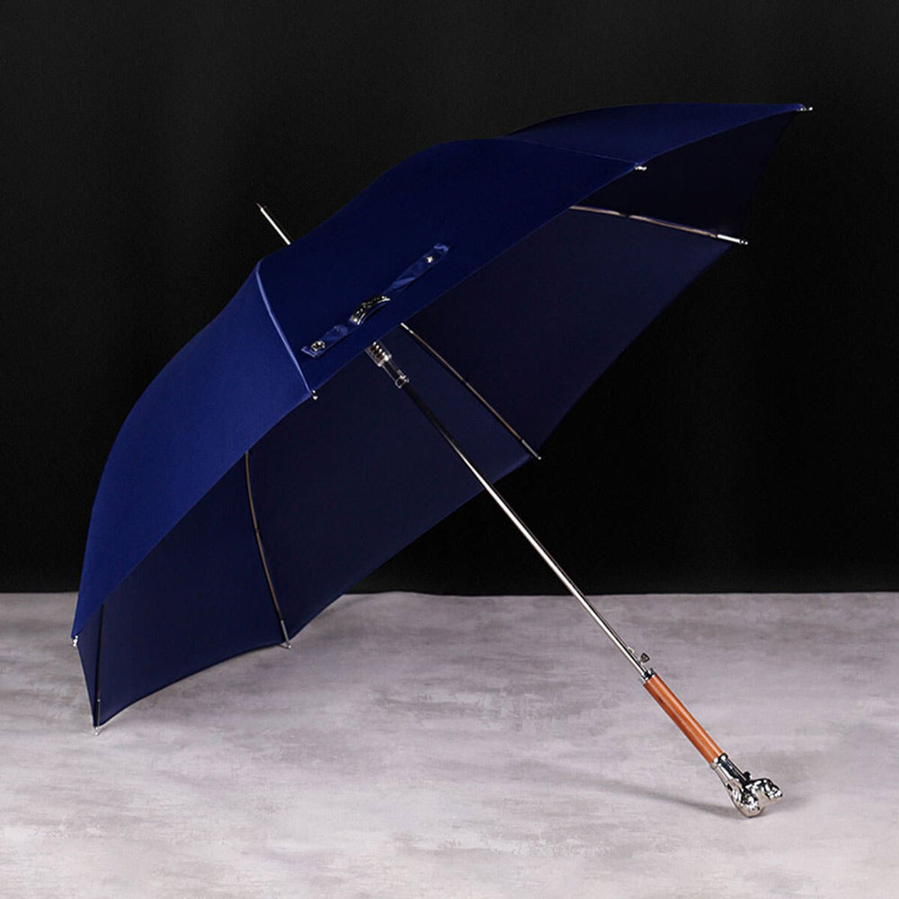 Blue fashionable umbrella adorned with a dog head handle