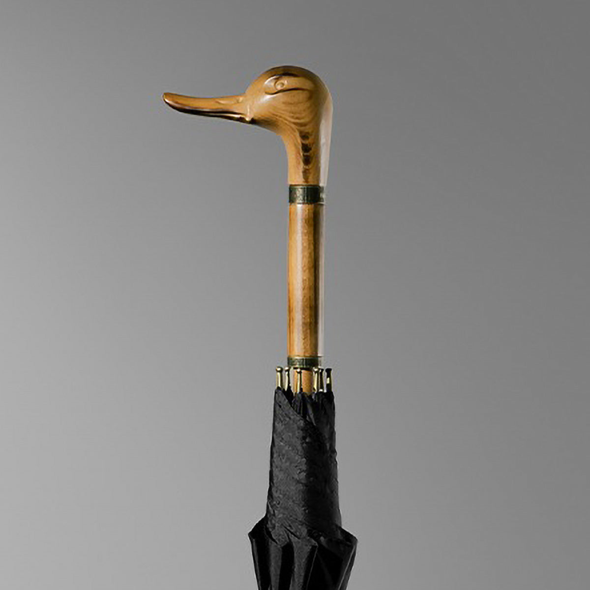 Duck Head Umbrella featuring natural solid wood handle with metal accent