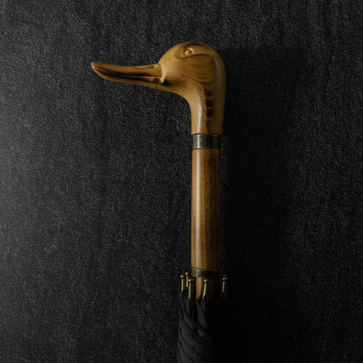 Designer Duck Head Umbrella with natural solid wood handle in Classic Black with metal accents