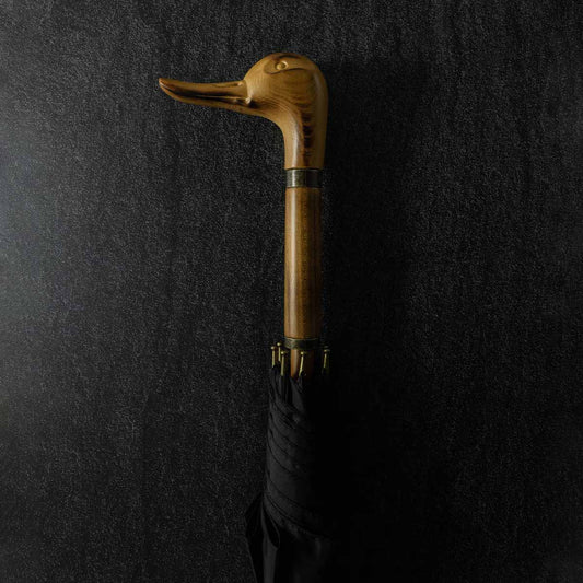 Designer Duck Head Umbrella with natural solid wood handle in Classic Black with metal accents