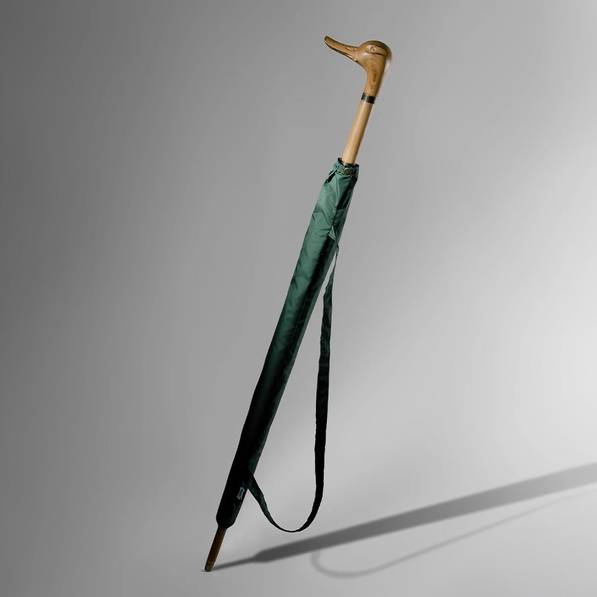 Traditional Rain Umbrella with duck handle and wood shaft in Forest Green with cover