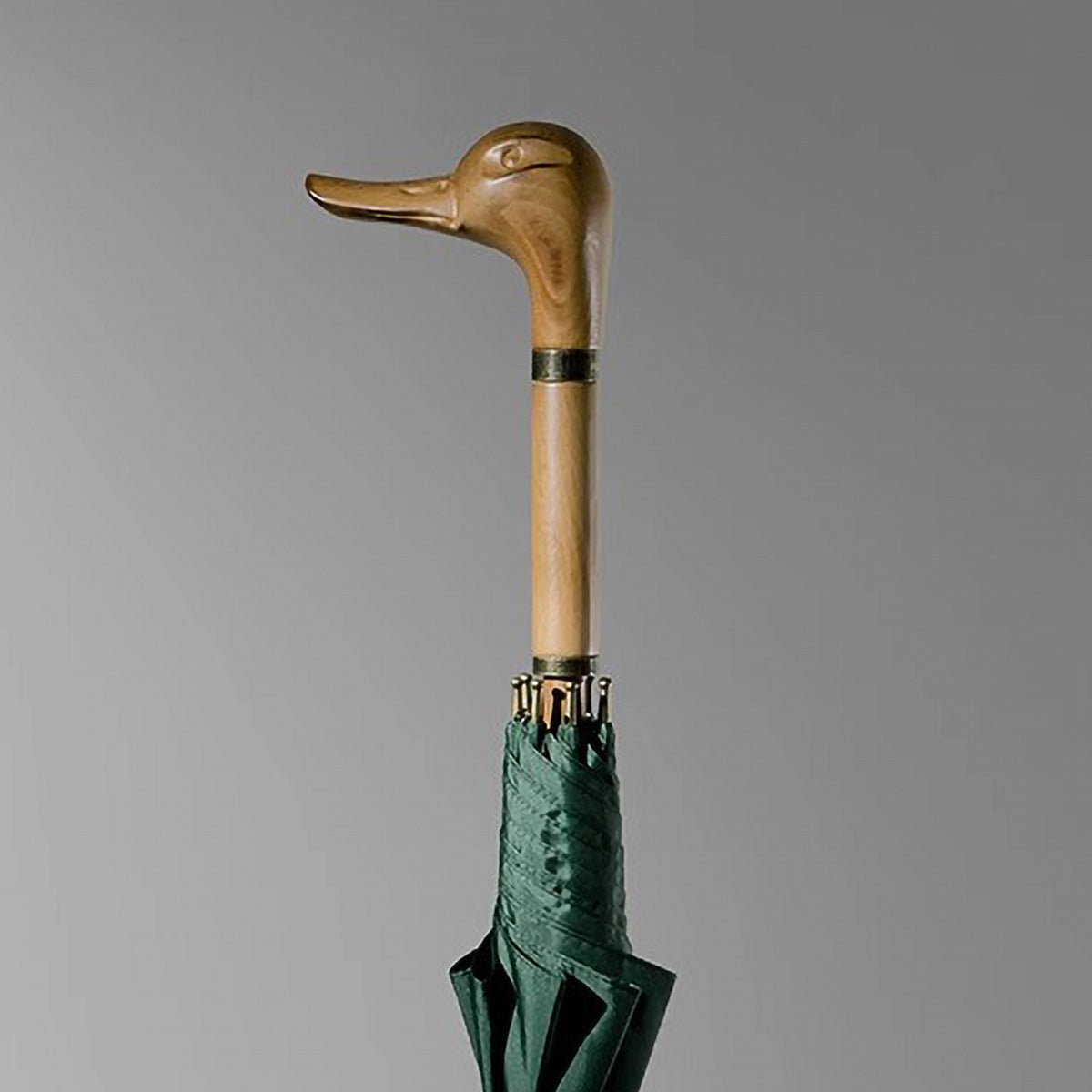 Designer Duck Handle Umbrella with natural wood walking stick in Forest Green