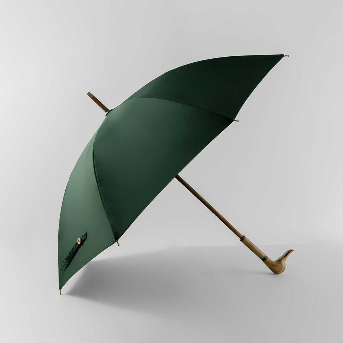 Duck Head Umbrella in Forest Green with wood handle, open canopy view