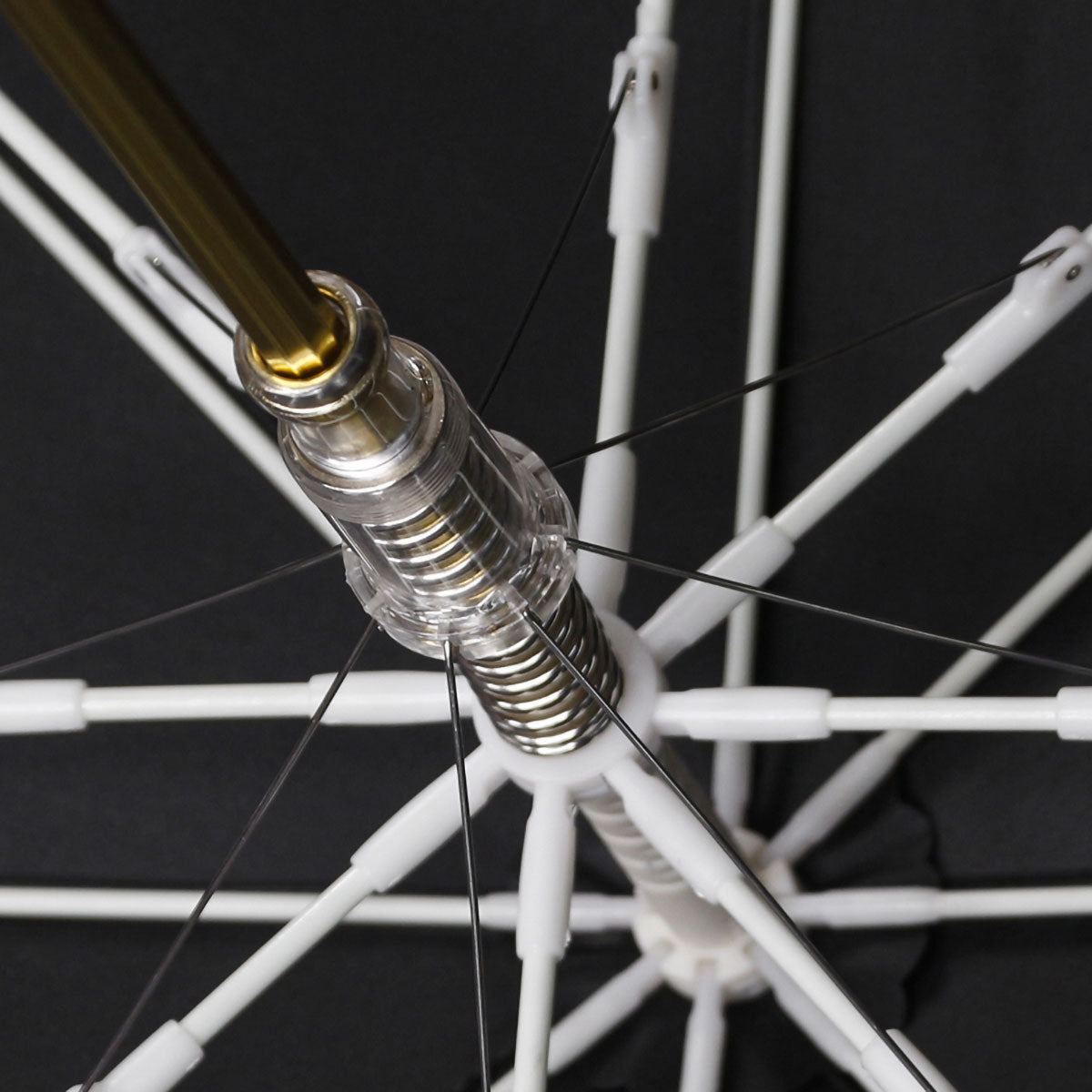 Detail shot of Elegant Black Umbrella's gold-plated luxury mechanism