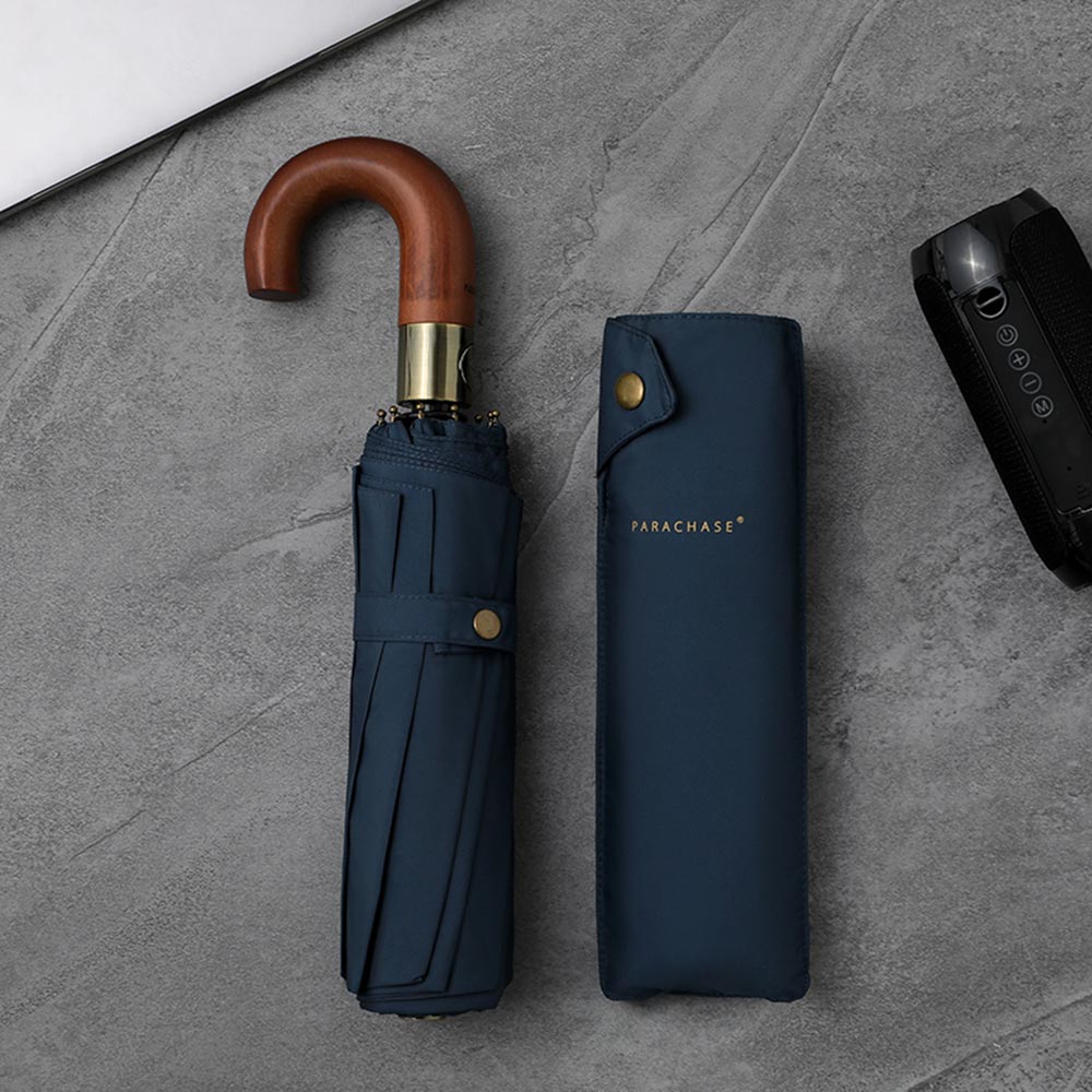 Foldable Automatic Umbrella in Navy with Elegant Wood Handle