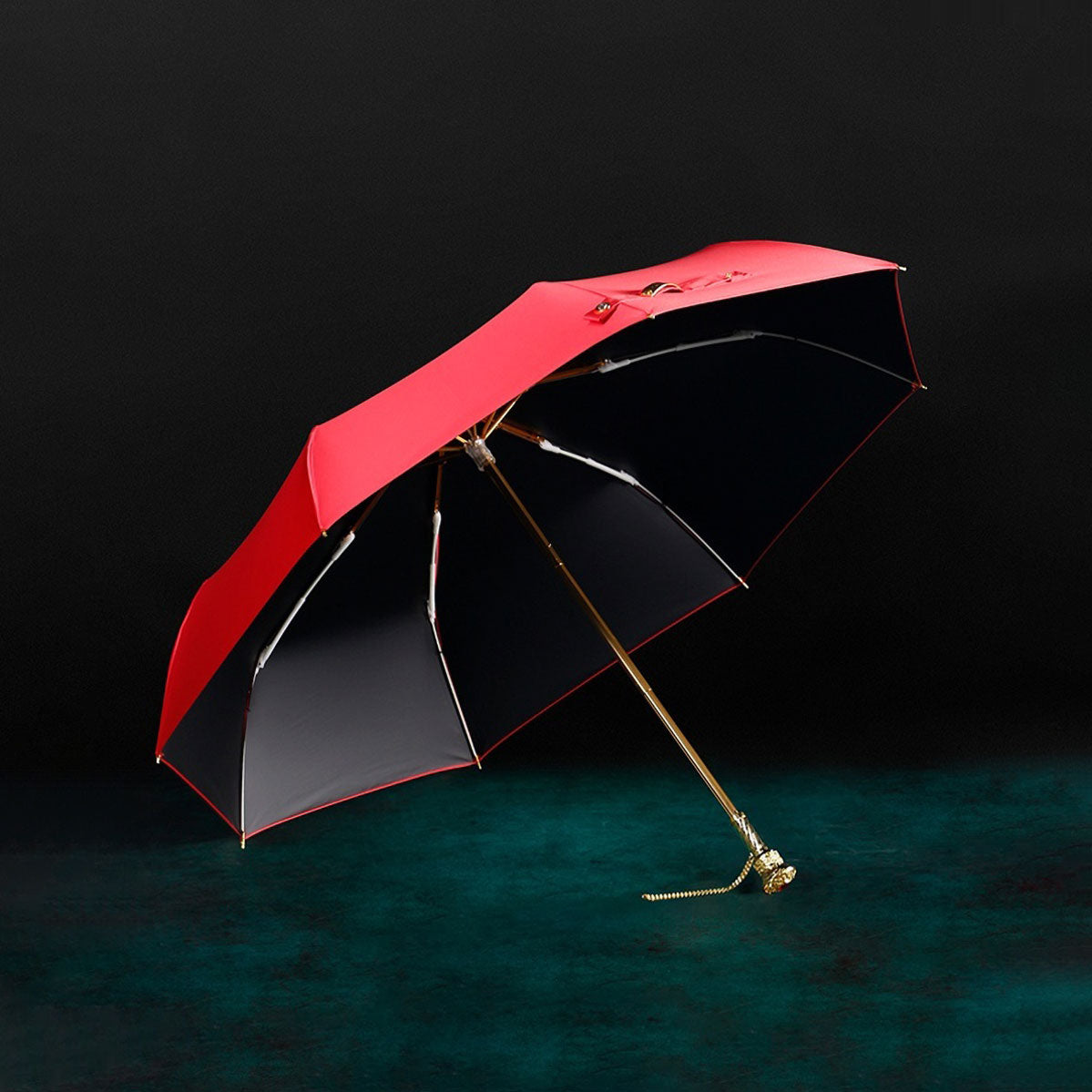 Luxury Red Umbrella with Victorian Gold Handle Design