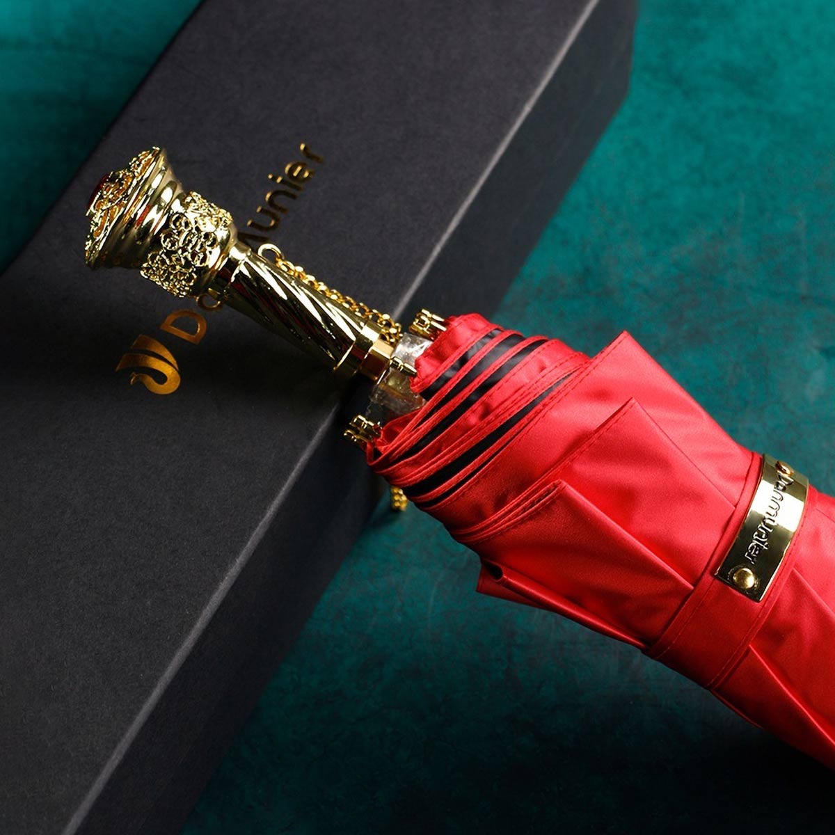 High-End Women's Umbrella in Red with Gold Crystal Handle