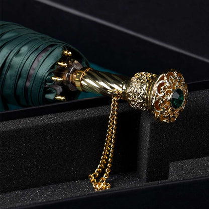 High-End Women's Umbrella with Victorian Gold Crystal Handle in Dark Green