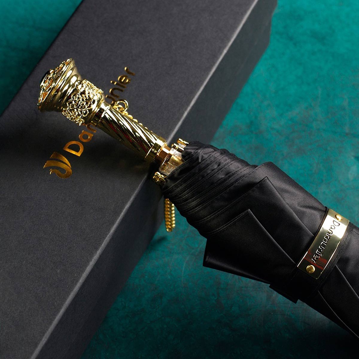 Luxury Black Umbrella with Antique Gold Victorian Handle