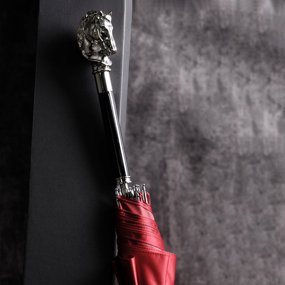 Luxury Silver Horse Head Umbrella in Red