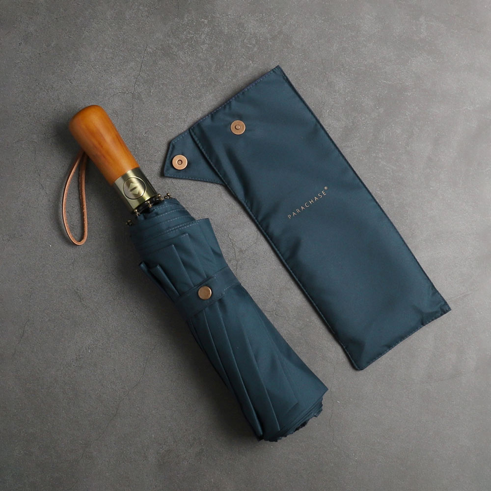 Navy Large Folding Umbrella with Luxury Wood Handle