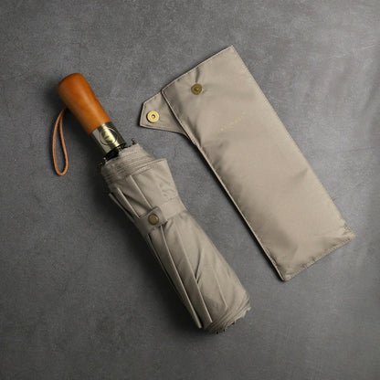 Khaki Large Folding Umbrella with Luxury Wood Handle