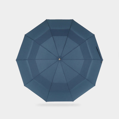 Navy Large Folding Umbrella with Luxury Wood Handle