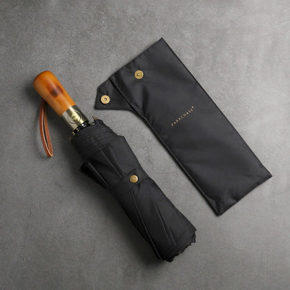 Black Large Folding Umbrella with Luxury Wood Handle