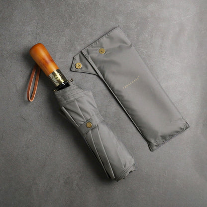 Grey Large Folding Umbrella with Luxury Wood Handle