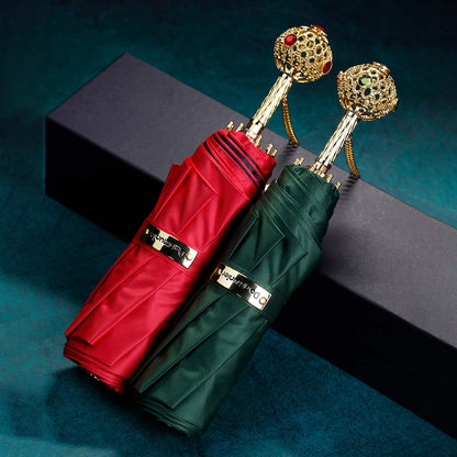 Prestige Crystal Handle Umbrella Collection in Red and Green with Luxury Gold Details