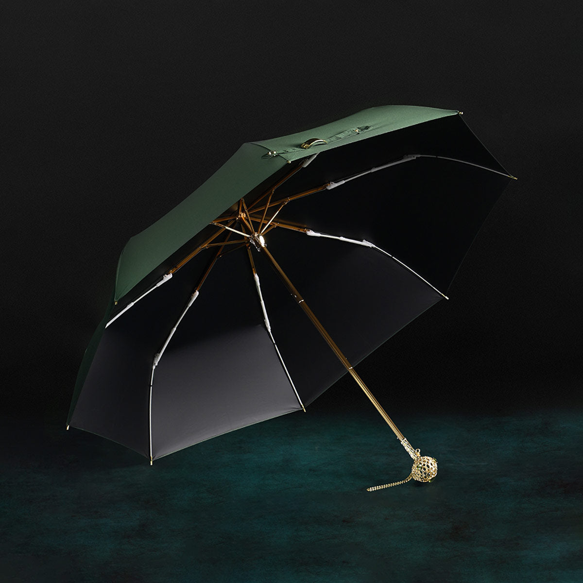 Prestige Crystal Handle Folding Umbrella in Green with Open Display and Gold Handle