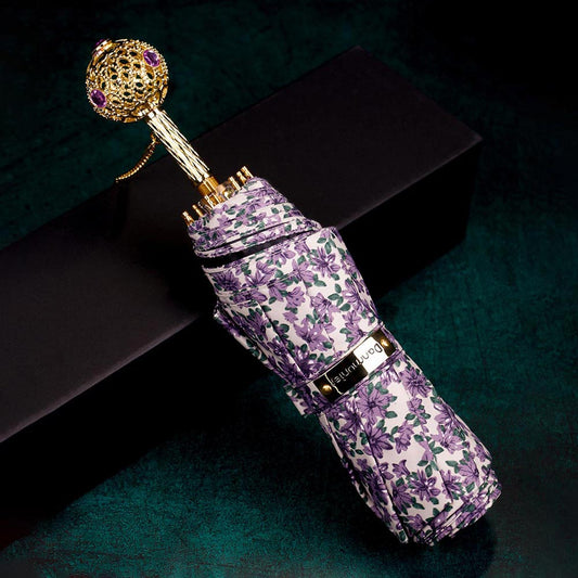 Purple Flower Umbrella with Fancy Crystal Handle for Stylish Women