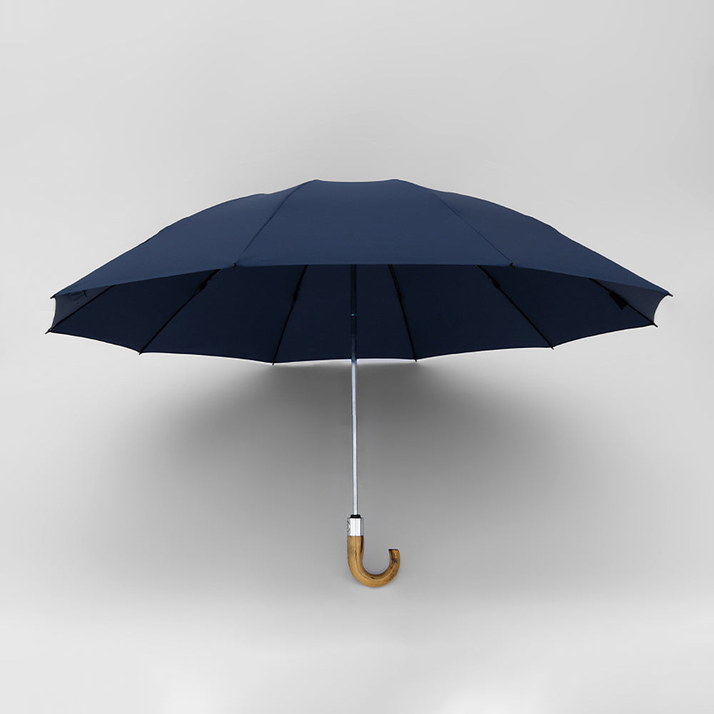 Navy Reverse Folding Umbrella with Wooden Handle