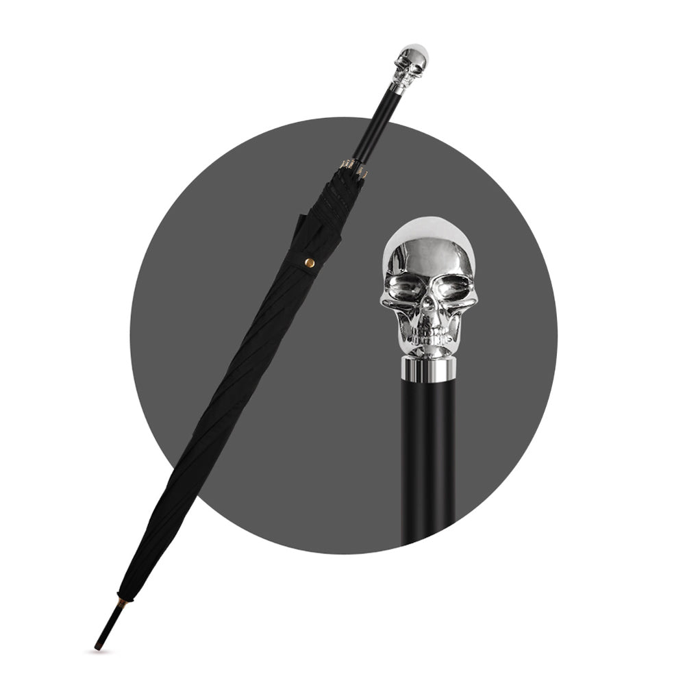 Silver Skull Umbrella - Luxury Long Handle Rain Parasol in Black