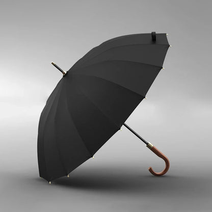 Black 16 Rib Wood Handle Umbrella