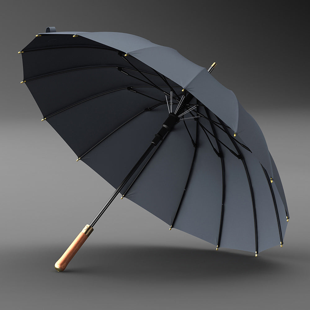16 rib patio umbrella Wood Handle Umbrella with 16 Ribs: Luxury Rain Accessory, Grey / Straight
