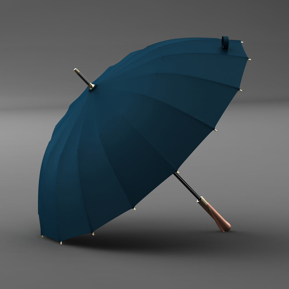 Luxury Wood Handle Long Umbrella in Navy 